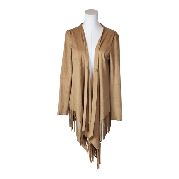 Zara Basic Tan Faux Suede Fringe Jacket Boho Western Open Front S - Picture 1 of 6